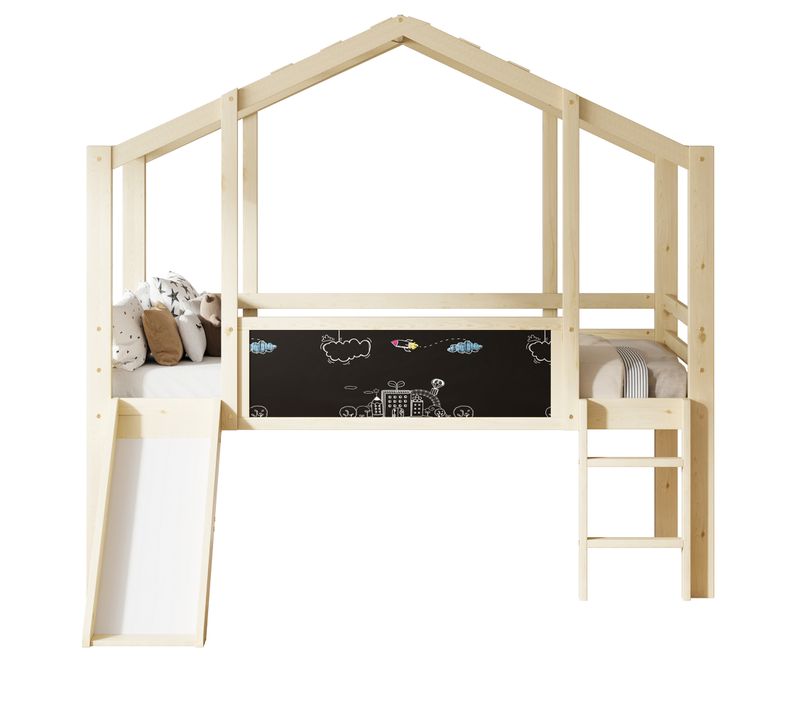 Lit Mezzanine Enfant Bois Naturel 90x200 Avec Toboggan Et Tableau, Gain De Place