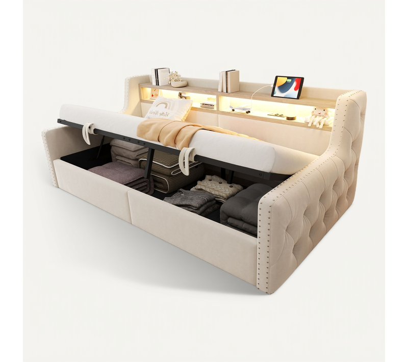 Canapé-lit 90x200 Cm Avec Coffre De Rangement Beige