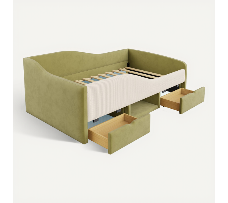 Lit Enfant Rembourré Vert Foncé/ivoire 90x190 Cm Avec Rangement Et Barrières