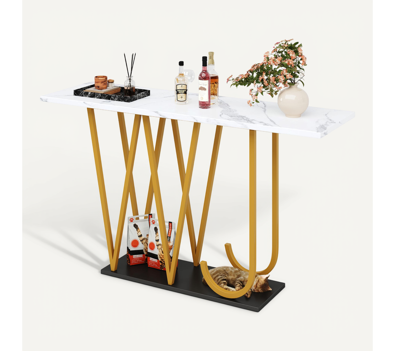 Table Console Blanc Effet Marbre 120 X 29,5 X 80 Cm Pour Entrée Et Séjour
