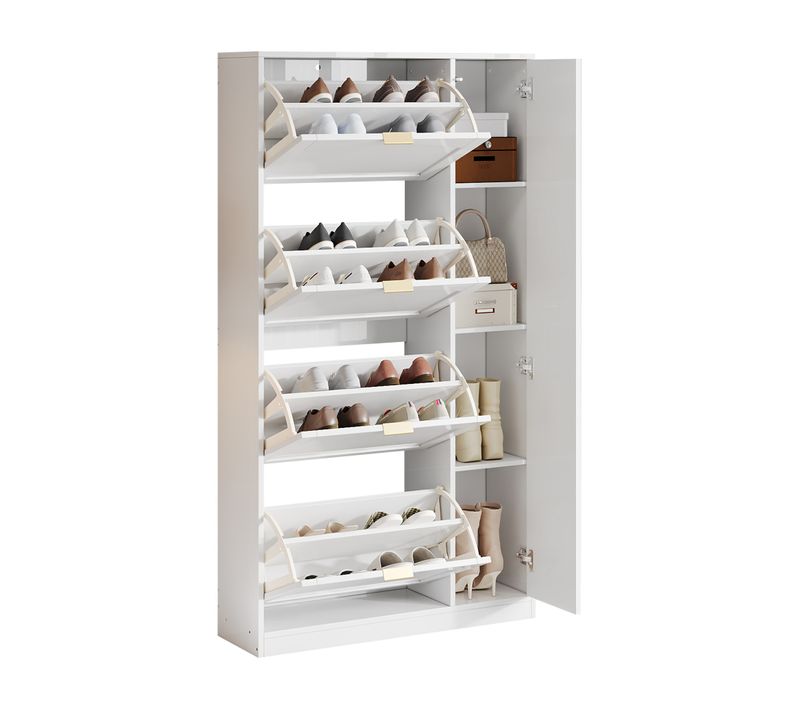Meuble à Chaussures H147 Cm Avec Portes Miroir Et 4 Compartiments Abattants Blanc