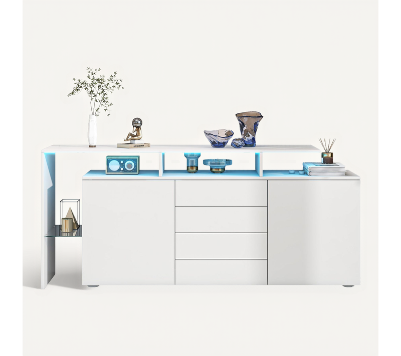 Buffet Blanc 160 Cm LED Finition Brillante Et Mate Pour Salon