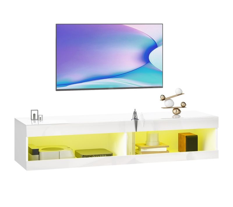 Meuble TV Mural 140 Cm Avec Éclairage LED Rgb Blanc Brillant