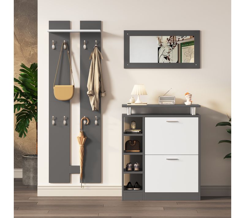 Ensemble De Vestiaire Mural 80x25x96,5cm Avec Miroir,panneaux Muraux,étagère Et Meuble à Chaussures