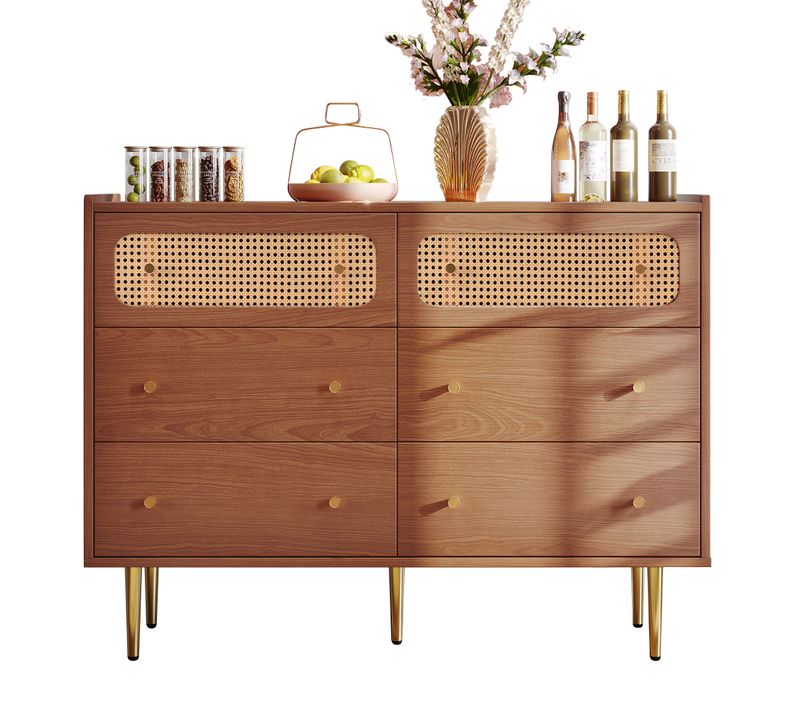 Commode Moderne En Noyer Avec 6 Tiroirs En Rotin, Buffet Haut Pour Chambre Et Salon, 120x40x90cm