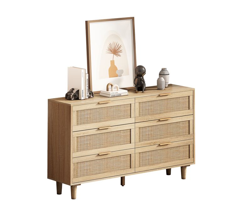 Commode De Rangement 6 Tiroirs En Rotin, Pour Chambre Et Salon, 130 Cm, Naturel
