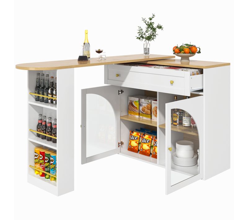 Table De Bar Extensible, Pivotante à 360°, Avec Étagères Et Verre, Blanche (138-204 X 39 X 104 Cm)