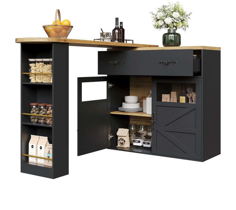 Table De Bar Extensible, Pivotante à 360°, Armoire Avec Étagères, Noire (138-204 X 39 X 104 Cm)