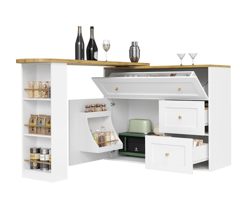 Table De Bar Extensible Avec Rangement, Armoire Et Snack, Blanche (138-204 X 39 X 105 Cm)