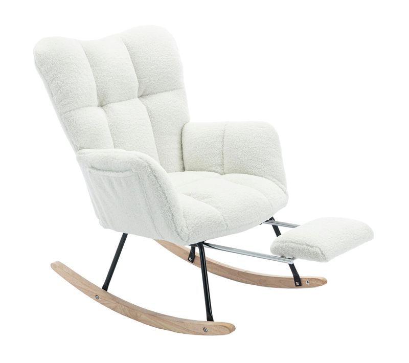 Chaise à Bascule Teddy Rembourrée Avec Repose-pieds Escamotable, Blanche