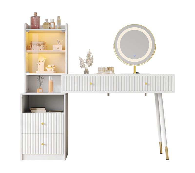 Coiffeuse 100 X 40 X 125 Cm Blanche Avec Miroir LED Tricolore, Vitrine Éclairée Et 4 Tiroirs