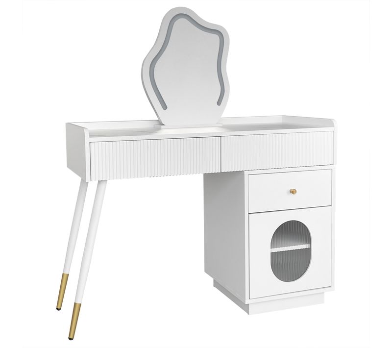 Coiffeuse Blanche 100x40x75 Cm Avec Miroir LED Tactile, 2 Tiroirs Et Meuble Latéral Modulable