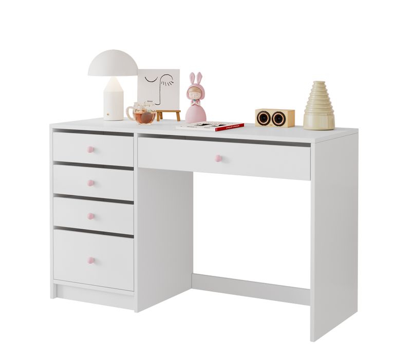 Coiffeuse 120x45x74 Cm Blanc Mat, 5 Tiroirs Avec Poignées Céramique Roses, Design Scandinave