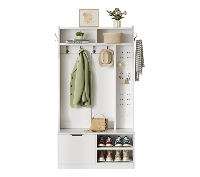 Ensemble Vestiaire 100×185,5×40 Cm Noir – Banc Rembourré, 6 Patères Et Coffre à Chaussures