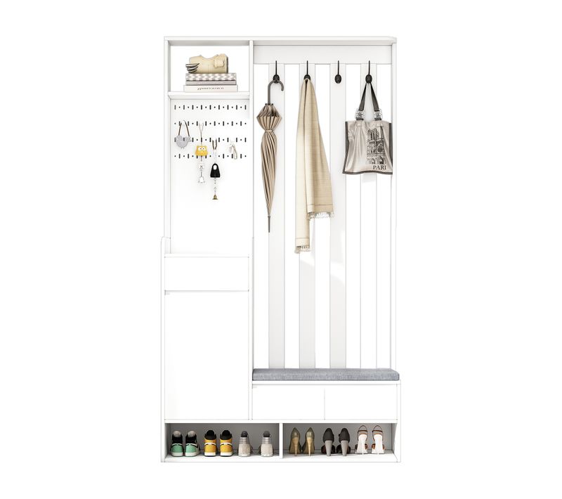 Meuble D'entrée 6-en-1 Blanc En Mdf Avec Banc Rembourré, Panneau Perforé, Tiroir Et 4 Crochets