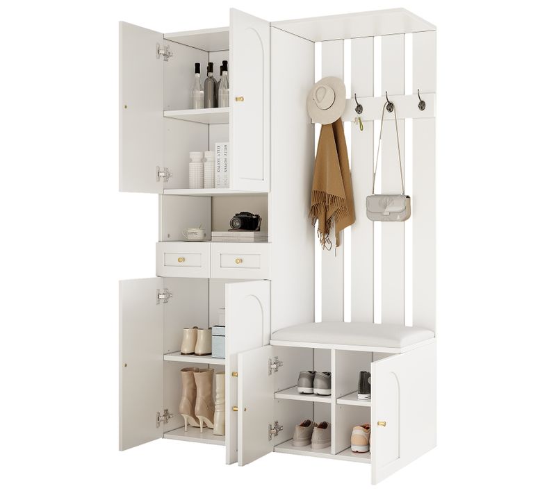 Meuble D'entrée 110x37x180 Cm Blanc — Banc Et Placard à Chaussures, Vestiaire 6 Portes, 2 Tiroirs