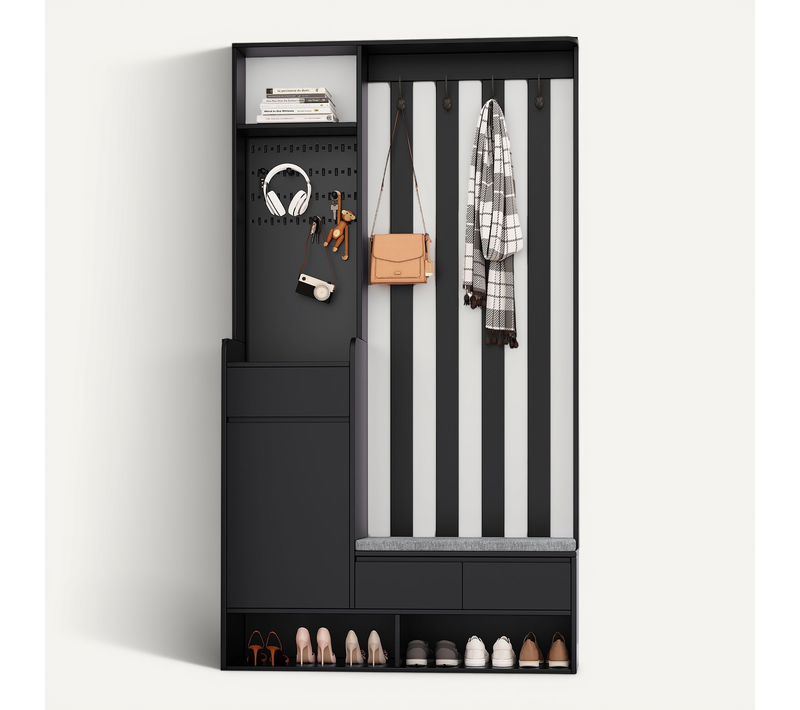 Meuble D'entrée 6-en-1 100x35x180 Cm En Mdf Noir, Banquette Rembourrée Et Panneau Modulable