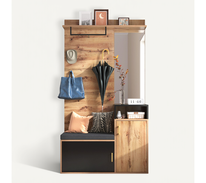 Ensemble Vestiaire 191,5x105x40 Cm Noir Et Bois – Miroir Intégré, Banc Et Rangement Chaussures