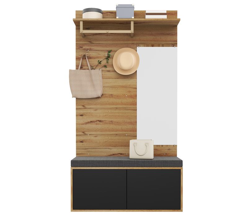 Meuble D'entrée 2 Portes Noir En Panneaux, Miroir, Assise Rembourrée Et Rangement Chaussures