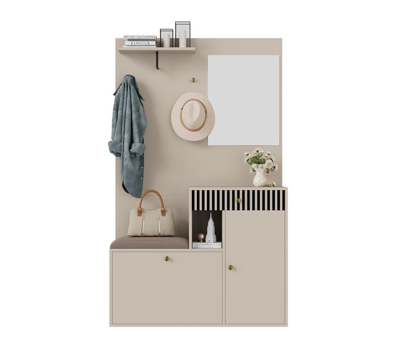 Meuble D'entrée 110x185,5x37 Cm Beige/crème En Mdf, Miroir Intégré, Assise Rembourrée Et Rangements
