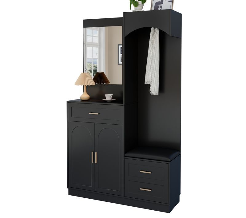 Meuble D'entrée Polyvalent Noir En Mdf 4-en-1 : Penderie, Banc, Miroir Et Rangement Chaussures