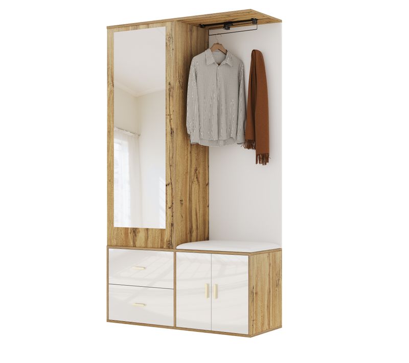 Ensemble D'entrée Blanc Et Bois Naturel Avec Miroir, Banc à Chaussures Et Rangement Multifonction