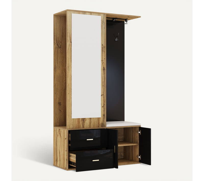 Vestiaire D'entrée Noir Et Naturel Avec Miroir, Banc Rembourré, étagères à Chaussures Et Penderie