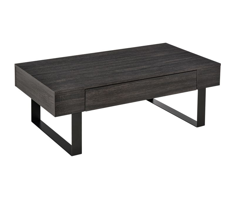 Table Basse 110x60x40 Cm Gris Foncé, Tiroir Et Étagères, Plateau Effet Bois, Piètement Métal Noir