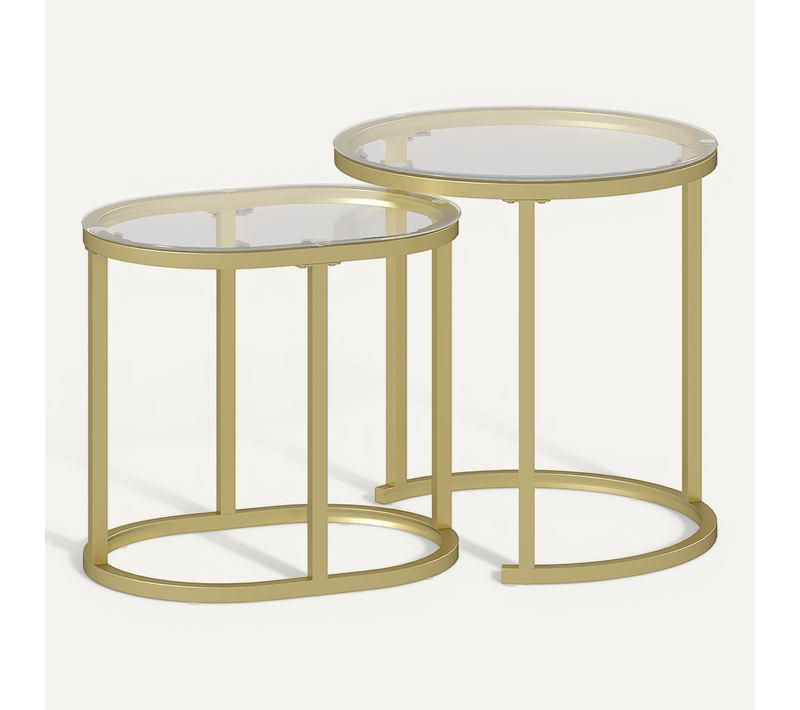Set De 2 Tables Basses Empilables En Acier Doré, Plateaux Verre Trempé 50x50,5h Et 60x36x43,5h