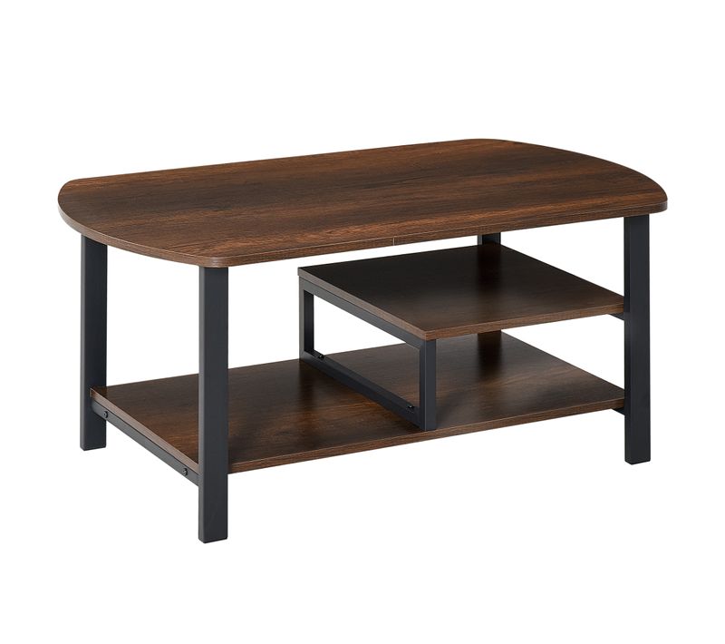 Table Basse 3 Niveaux 100x60x46 Cm Rétro Bois Brun Avec Cadre Acier Noir Et Plateau Mélaminé