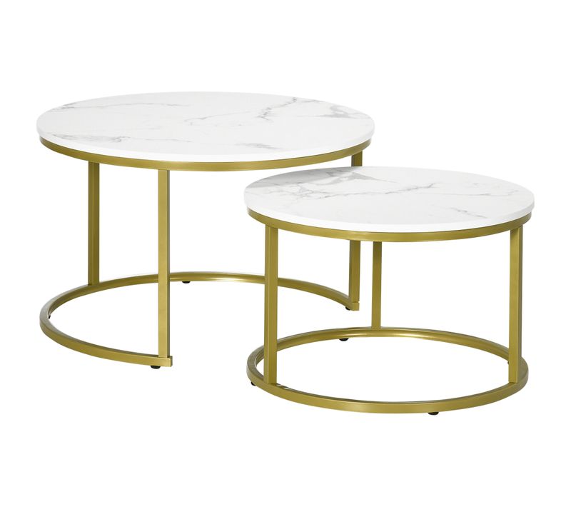Table Gigogne Ronde 2 Pièces 74/59 Cm, Plateau Effet Marbre Blanc Et Piètement Acier Doré