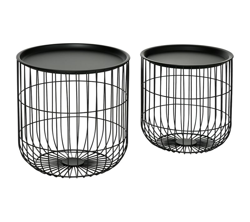 Set De 2 Tables Basses Rondes 40x40h Et 35x35h En Acier Noir, Style Scandinave Empilables
