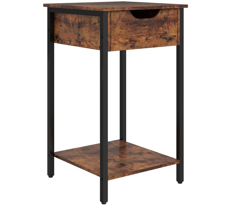 Table D'appoint Industrielle 40 X 40 X 68 Cm, Panneaux Brun Et Métal Noir, Tiroir Et Étagère