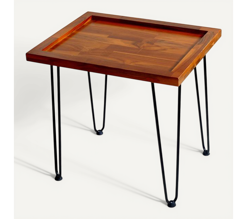 Table Basse En Acajou Massif Finition Bois Naturel, Plateau Décor Motif Feuilles