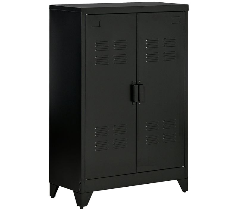 Buffet Métallique Noire 75 X 33 X 110 Cm, Portes Lamellées Ventilées Et 2 Étagères Réglables