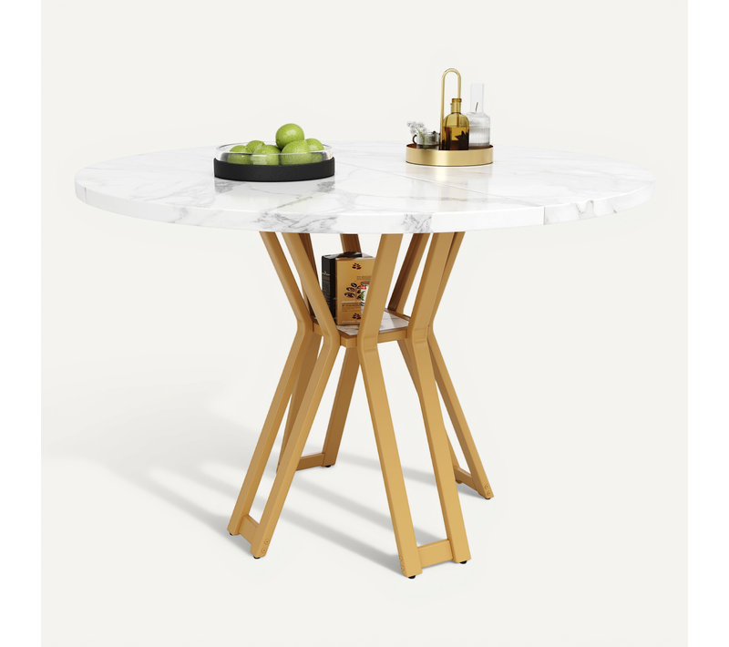 Table à Manger 100x100x76 Cm En Mdf Effet Marbre, Pieds Métal Dorés, Design élégant