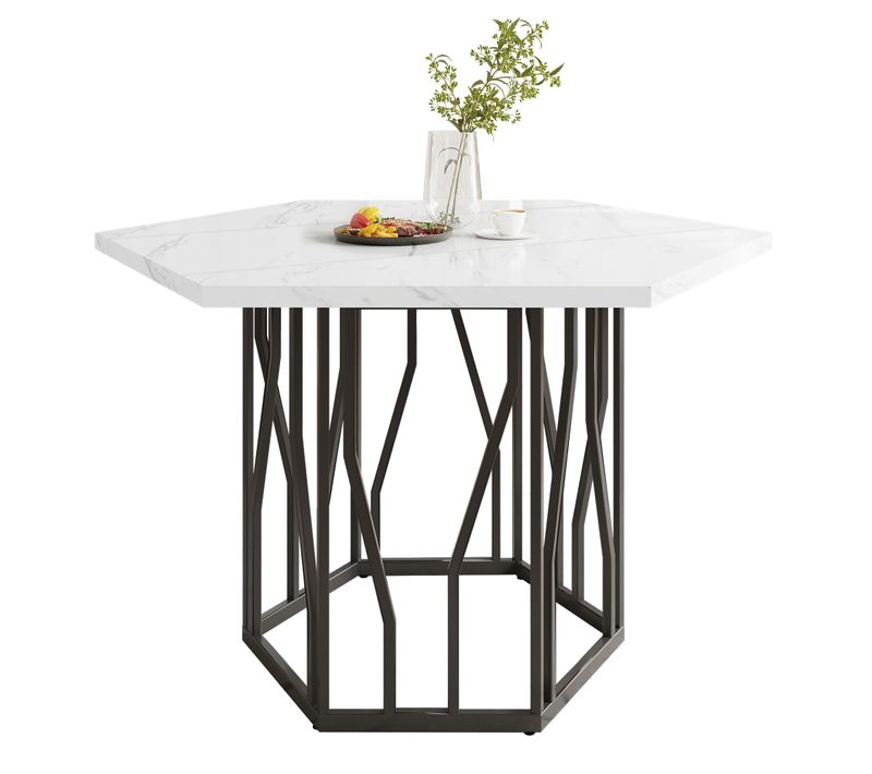 Table Hexagonale 115,5x100 Cm En Mdf Effet Marbre Blanc, Piètement Acier Noir Au Design Moderne