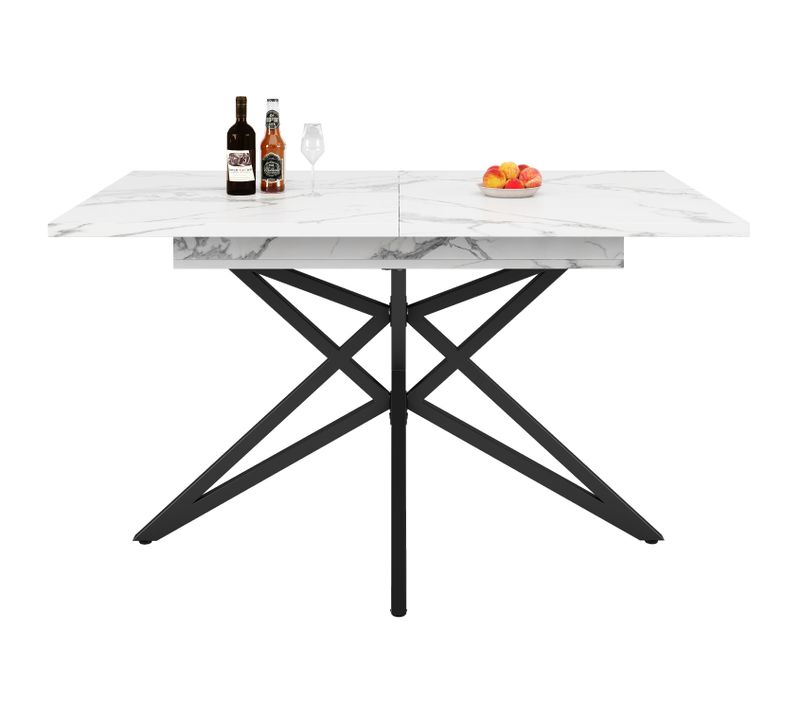 Table Extensible 120/160x80 Cm Mdf Blanc Effet Marbre, Pieds Étoile Métal Noir, Moderne