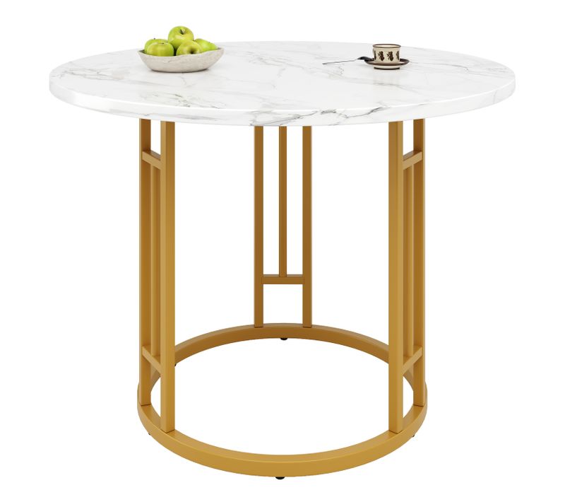 Table Ronde 80x80x76 Cm En Mdf Imitation Marbre, Piètement Métal Doré, Design Élégant Et Stable