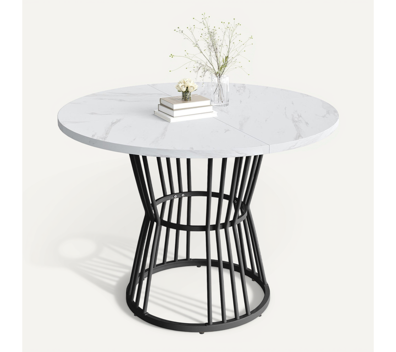 Table Ronde 100 Cm En Mdf Noir à Motif Marbre, Piétement Métal Design, Hauteur 75 Cm