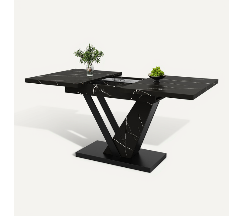 Table à Manger Extensible 120-160x75x75,5 Cm En Mdf Noir Effet Marbre, Pieds Métal Renforcés