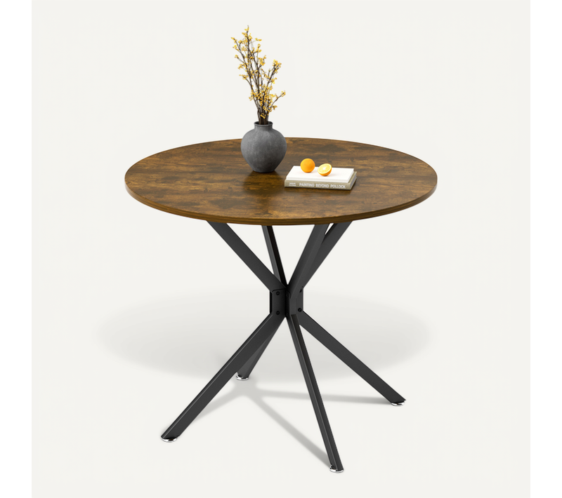 Table Ronde 90 Cm En Stratifié Brun Rustique, Pieds Métal Noirs – Design Compact Et Stable