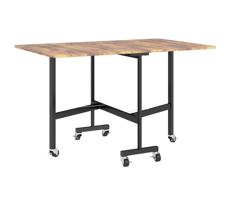 Table Pliante 120x80 Cm En Bois Brun Rustique, Extensible Jusqu'à 6 Personnes, Avec Roulettes