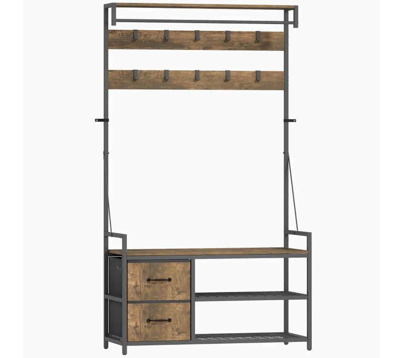 Meuble D'entrée 6-en-1 100x40x180 Cm En Bois Et Métal, Banquette Et Rangement Chaussures