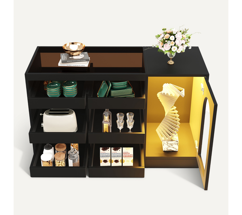 Buffet 120x40x75 Cm En Mdf Noir, 6 Tiroirs, Porte Vitrée Incurvée Ajourée Et éclairage LED
