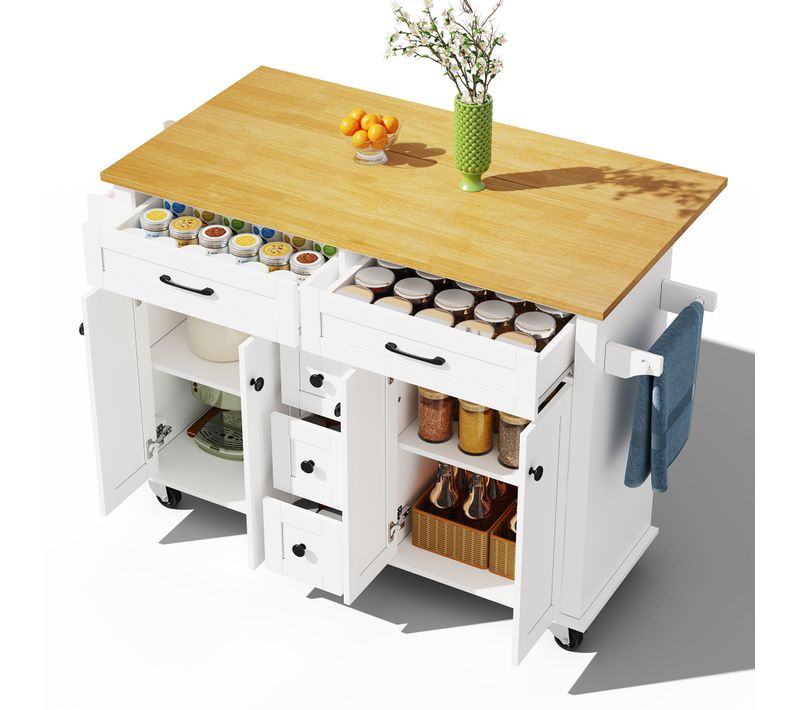 Chariot De Cuisine 120x65 Cm Extensible, Mdf Blanc/naturel, Plan 18 Mm, 5 Tiroirs Sur Roulettes