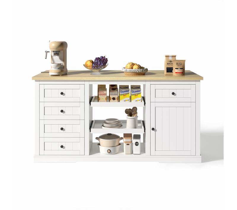 Buffet Îlot 150x65x75,5 Cm Blanc/naturel, Plateau Rabattable Et Prises Intégrées, 5 Tiroirs