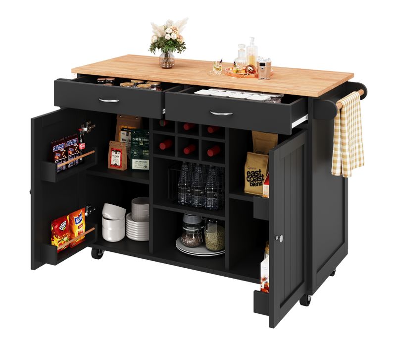Îlot De Cuisine Multifonction 102x45x92 Cm Noir En Mdf Et Métal, Roulettes 360° Et Rangement