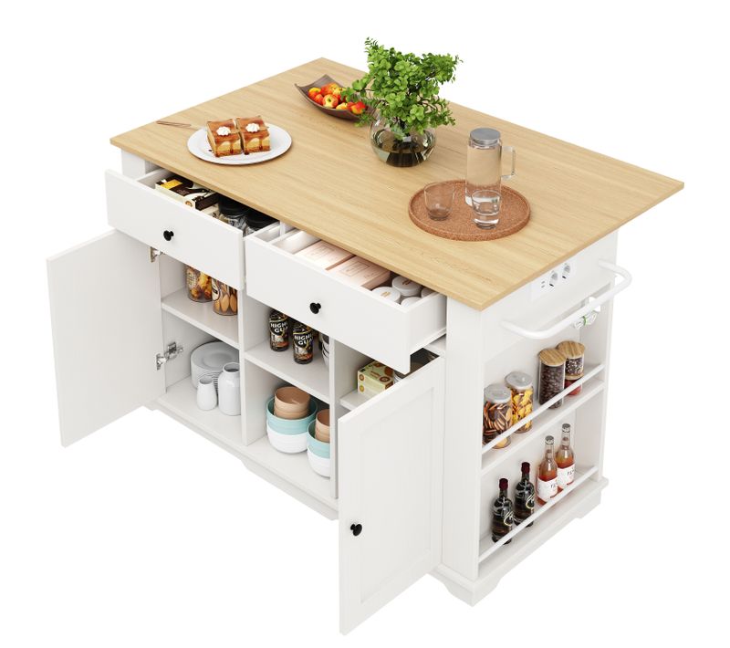 Îlot De Cuisine 151,5x59,7/84,7x91,7 Cm Blanc/naturel, Prises Intégrées Et Tablette Rabattable