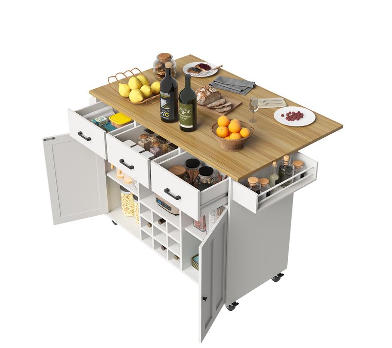 Desserte De Cuisine 104x39,5x91,5 Cm En Mdf Blanc — Plateau Rabattable 65 Cm, Rangements Multiples